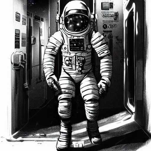 Image similar to Cyberpunk Dead Space themed Astronaut stepping out of an airlock, detailed illustration, Industrial Scifi, by Frank Frazetta and Martin Grip