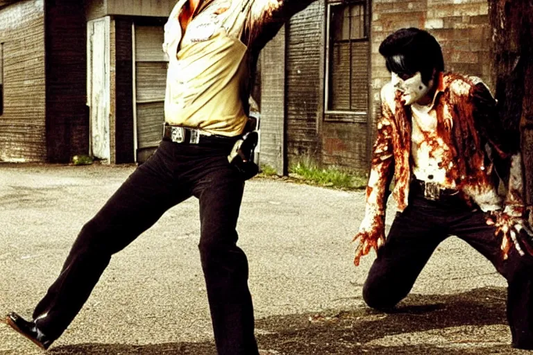 Prompt: film still with a full body shot of Elvis Presley turned into a horrific zombie, from the TV-series The Walking Dead (2010), promotional image, gory and very graphic