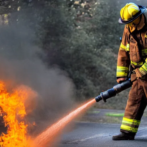 Image similar to photo of a firefighter using a flamethrower. award-winning, highly-detailed