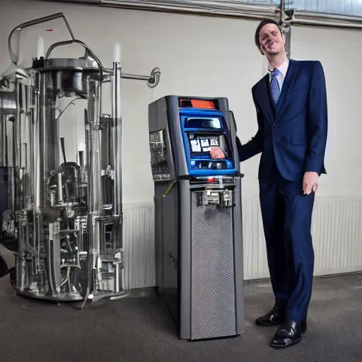 Image similar to happy man in a suit with machine that throws money