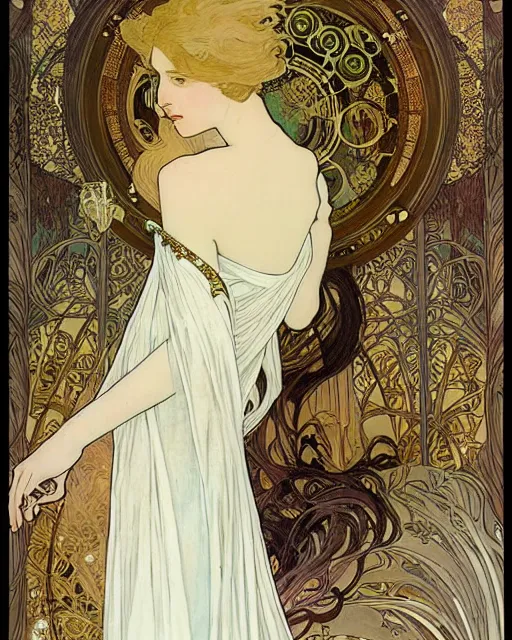 Image similar to portrait of an ethereal woman with pale hair and gold eyes wearing a flowing white and gold gown surrounded by wing motifs, alphonse mucha, kay nielsen, art nouveau, intricate, digital painting, concept art