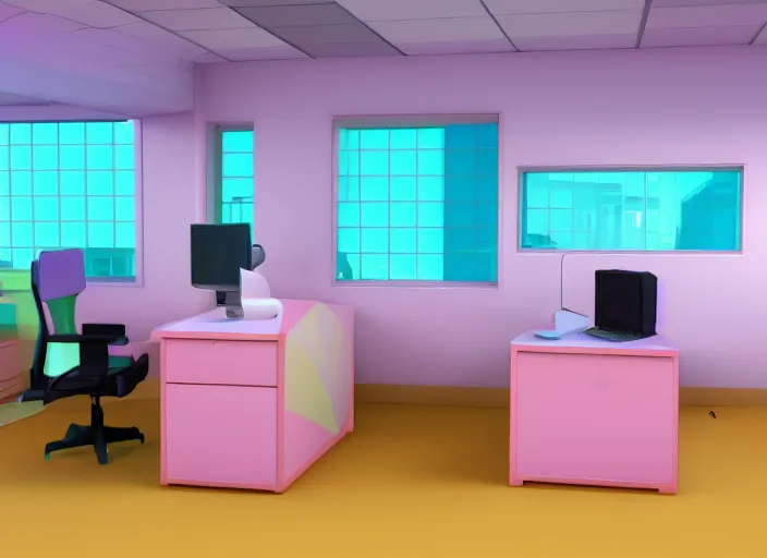 Image similar to steven universe inspired stanley parable office, colorful render in blender 3 d, normal workplace office, uhd, pastel 8 0 s, stylized