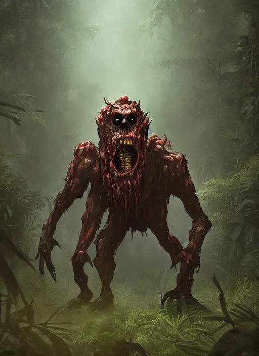 Image similar to terrific monster in middle of jungle, horror, dark atmosphere, harsh lighting, cinematic lighting, scary, award wining art, artstation, high details, concept art, 4 k