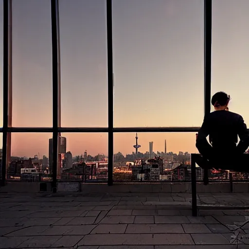 Image similar to a small rooftop with a couple of people sitting and watching the view, wearing black modern clothes, modern shanghai bund is on the background, sunset, by gregory crewdson