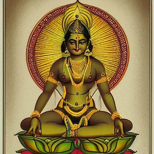 Image similar to indian goddess lakshmi with 4 arms, sitting on a lotus in a minimalistic style