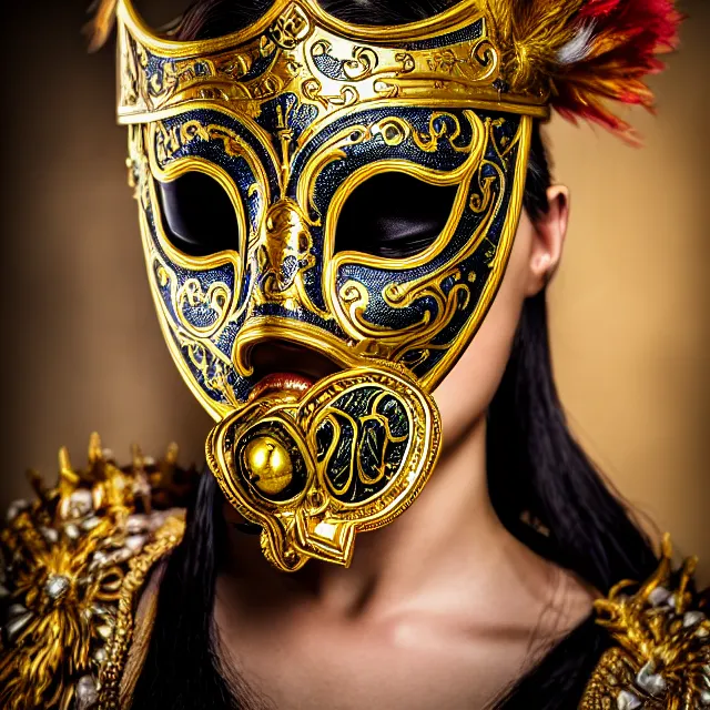 Image similar to female warrior with ornate venetian mask highly detailed, 4 k, hdr, close up, portrait, smooth, sharp focus, high resolution, award - winning photo