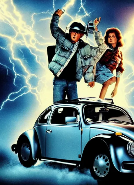 Image similar to back to the future with a volkswagen beetle, movie poster, epic lighting, eighties, sci - fi, artistic