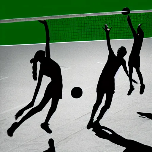 Prompt: green silhouettes playing volleyball, sports ad, white plain background