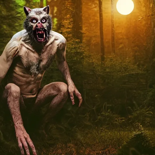 Image similar to man ripping off his skin turning into a werewolf, forest scenery, full moon, illuminated lighting, highly detailed, 4 k