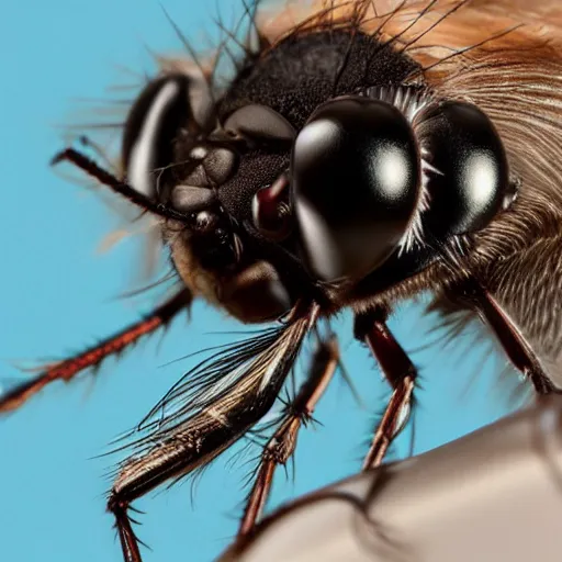 Prompt: a photograph of a fly with donald trump hair