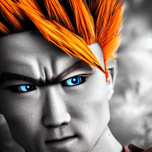 Prompt: photorealistic human goku, goku as an asian man, goku in real life, spiky hair, orange gi, human goku, photography, cinematic