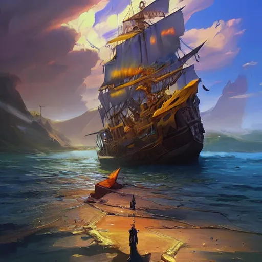 Prompt: a large pirate ship floating on top of a body of water, pirates flag , cgsociety, fantasy art, 2d game art, concept art , ambient occlusion, behance hd , concept art by Jesper Ejsing, by RHADS, Makoto Shinkai Cyril Rolando
