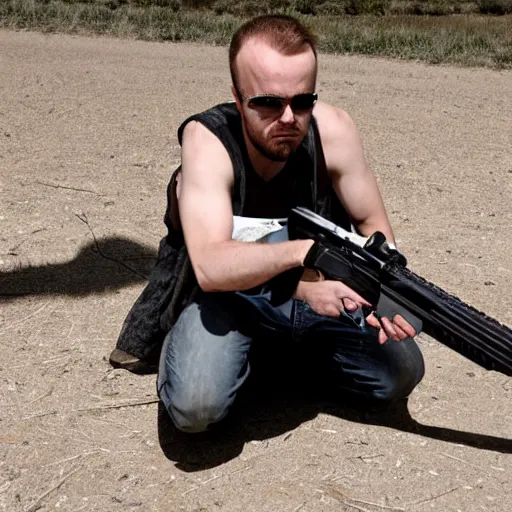 Prompt: Jesse Pinkman aiming a gun at camera pov