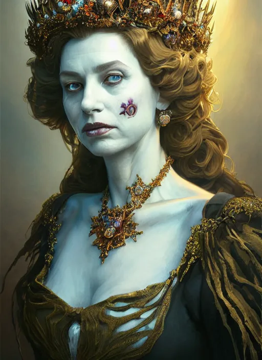 Image similar to Highly detailed portrait of Undead queen elizabeth, Stephen Bliss, unreal engine, fantasy art by Greg Rutkowski, Loish, Rhads, ferdinand knab, Makoto Shinkai and Lois van baarle, ilya kuvshinov, rossdraws, Tom Bagshaw, alphonse mucha, global illumination, radiant light, detailed and intricate environment