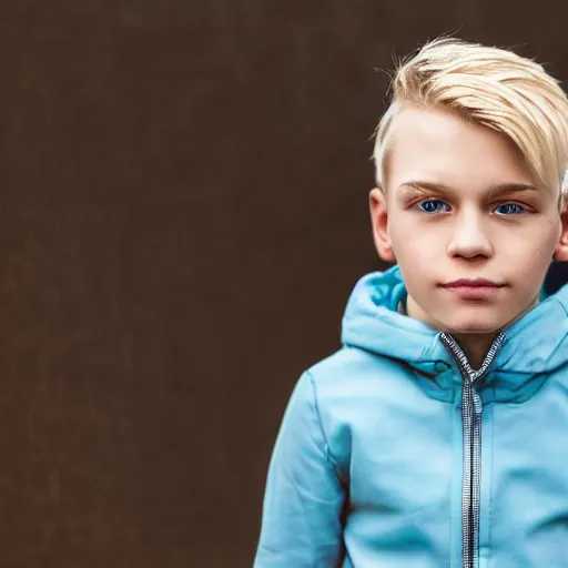 Image similar to a closeup portrait of a boy with blonde hair and light blue eyes. Extremely clear and high quality eyes with reflection, realistic face and details, clear lips and high quality