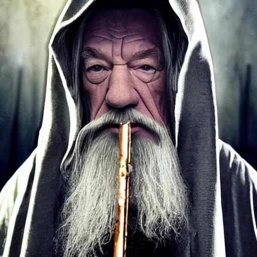 Image similar to the evil ian mckellen smothin on an anvil as gandalf in a dark viking hood playing odin all father from the thor movie crafting a neural network with synapses on am anvil, highly detailed, cinematic shot, cinematic lighting, 8 k, exquisit facial detail