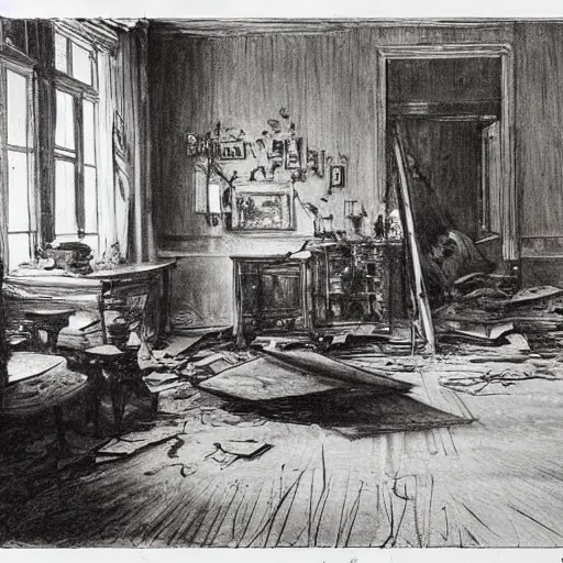 Image similar to dignified, decorative by anders zorn ink drawing, illuminated manuscript. a painting of a room that is wrecked, furniture overturned, belongings strewn about, & debris everywhere. the only thing left intact is a photograph on the wall shows a tidy, well - appointed space, with everything in its place.