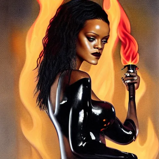 Image similar to a portrait of rihanna wearing a latex bodysuit standing in front of a burning down house. she's holding a flaming torch. exquisite details. photorealistic.