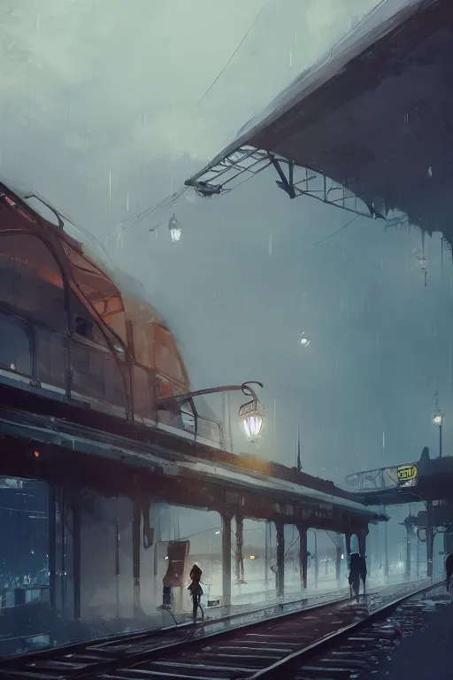 Image similar to The Train Station, cinematic lighting, dramatic atmosphere, by Dustin Nguyen, Akihiko Yoshida, Greg Tocchini, Greg Rutkowski, Cliff Chiang, 4k resolution, trending on artstation