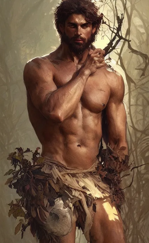 Image similar to portrait of the god of the forest, 25 years old, rugged, male, gorgeous, detailed face, amazing, thighs!!!!!!, muscular, intricate, highly detailed, digital painting, artstation, concept art, sharp focus, illustration, art by greg rutkowski and alphonse mucha