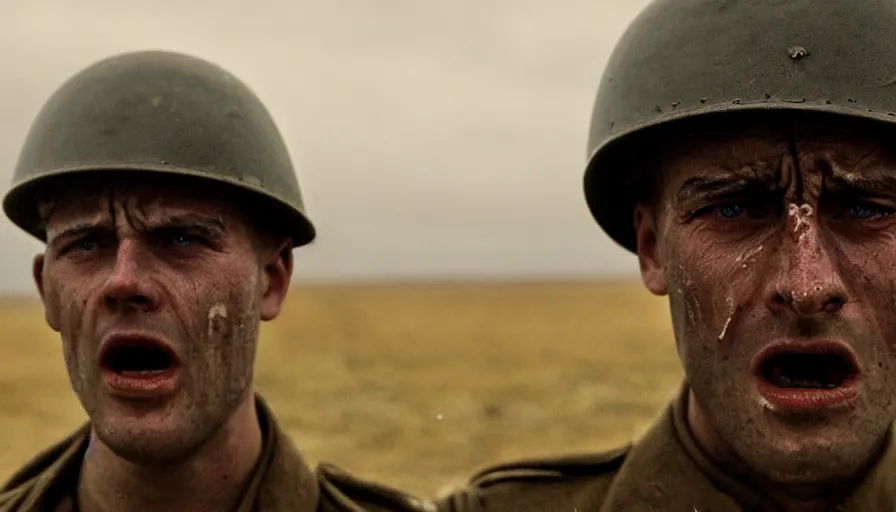 Image similar to World War 1 soldier screaming in anguish, close-up of face, wartorn landscape, dirty lens, shallow depth of field, cinematic lighting, IMAX, cinematography by Roger Deakins, 35mm