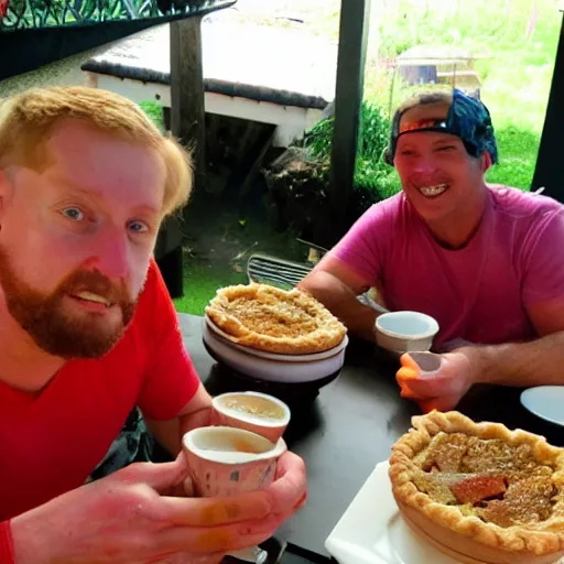 Prompt: eating a satanic rhubarb pie with the locals