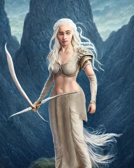 Image similar to portrait of happy beautiful daenerys targaryen with long blonde windblown hair and dragonskin armor, standing on a ledge of a mountain with dragons next to her, glamour pose, detailed illustration, digital art, trending on artstation, soft ambient lighting, volumetric lighting, rim lighting, yoshitaka amano, daniel merriam, arney freytag