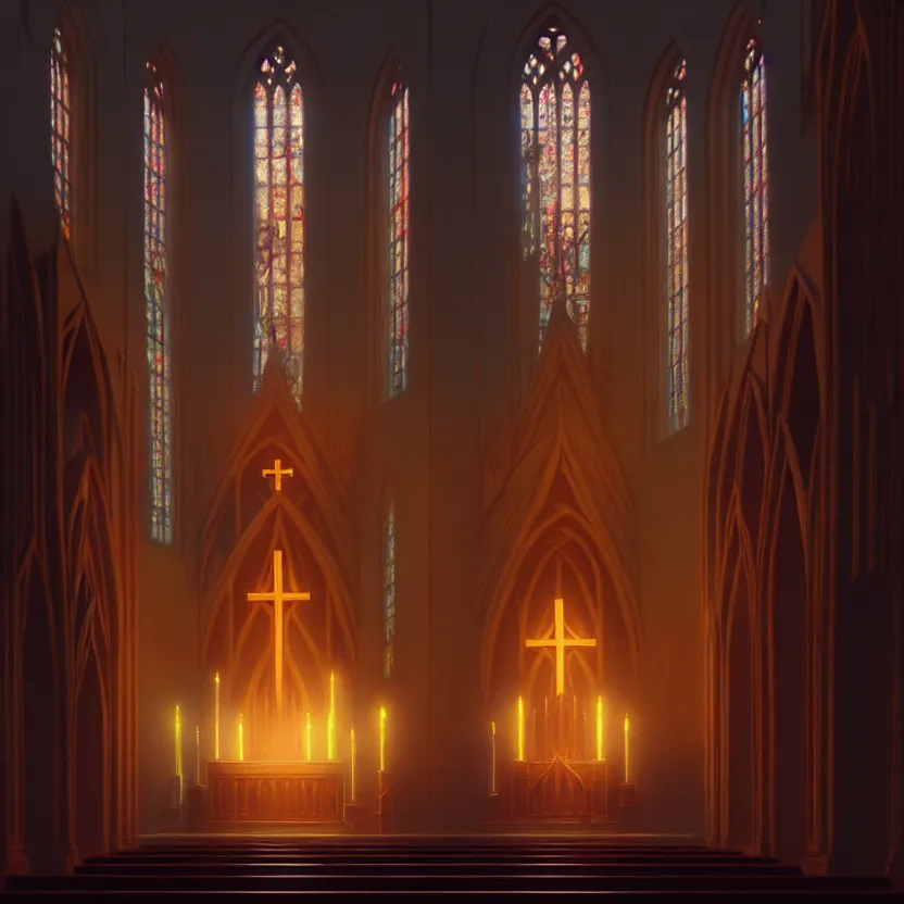 Image similar to curch with altar in glory light, digital painting, greg rutkowski, artstation, cinematic, matte painting