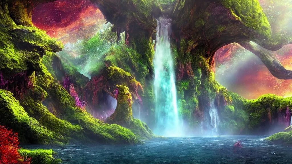 Image similar to an alien landscape view, alien waterfall, alien trees, alien colorful greenery, alien mountains, epic lighting, epic composition, 4 k, detailed, realistic