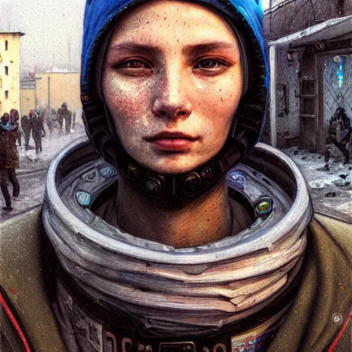 Image similar to A portrait of a cyberpunk gopnik on the street of a Russian slum on the moon, Norilsk, sci-fi, fantasy, intricate, very very beautiful, elegant, highly detailed, digital painting, artstation, concept art, smooth, sharp focus, illustration, art by artgerm and greg rutkowski and alphonse mucha