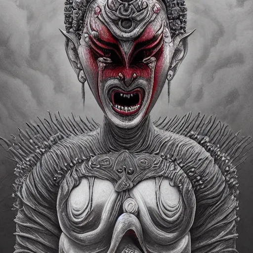 Image similar to naraka buddhist demon korean female, yokai angry female alien, epic samurai warrrior, tubular creature, blood vessels, no face, dystopian surrealism, alex ries zdzisław beksinski, symmetrical long head, smooth marble surfaces, smooth marble surfaces, detailed ink illustration, detailed ink illustration, raiden metal gear, cinematic smooth stone, deep aesthetic