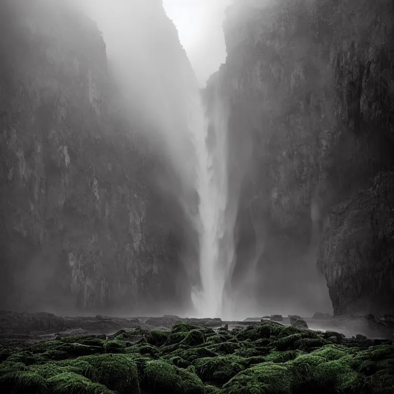 Prompt: dark and moody photo by ansel adams and wes anderson, a giant tall huge woman in an extremely long dress made out of waterfalls, standing inside a green mossy irish rocky scenic landscape, huge waterfall, volumetric lighting, backlit, atmospheric, fog, extremely windy, soft focus