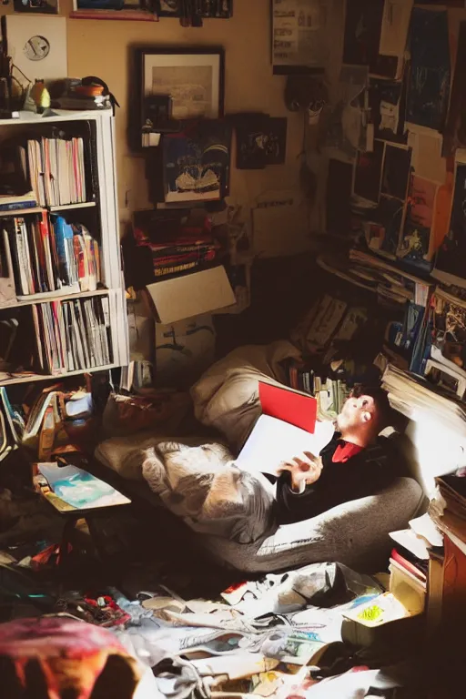 Image similar to a dramatic lighting photo of a guy reading a book in a cluttered messy 9 0 s bedroom, lofi, lo fi,