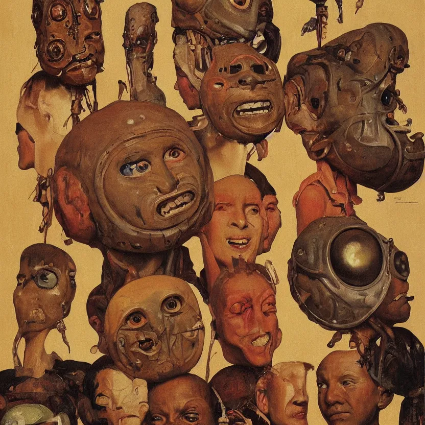 Image similar to portrait painting of a tribal alien masks, by norman rockwell. muted colors, soft gradients. baroque period, renaissance masterpiece. black background. trending on artstation. retrofuturism.