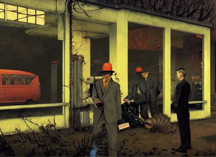 Prompt: people with oxygen tanks at decaying gas station and black tigers with strange vegetation in the style of Magritte, Edward Hopper and James Gilleard, Zdzislaw Beksinski, open ceiling, highly detailed, painted by Francis Bacon, Surreal, Norman Rockwell, Greg Hildebrandt, and Mark Brooks, triadic color scheme, By Greg Rutkowski, in the style of Francis Bacon and Syd Mead and Edward Hopper and Norman Rockwell and Beksinski, open ceiling, highly detailed, painted by Francis Bacon, painted by James Gilleard, surrealism, airbrush
