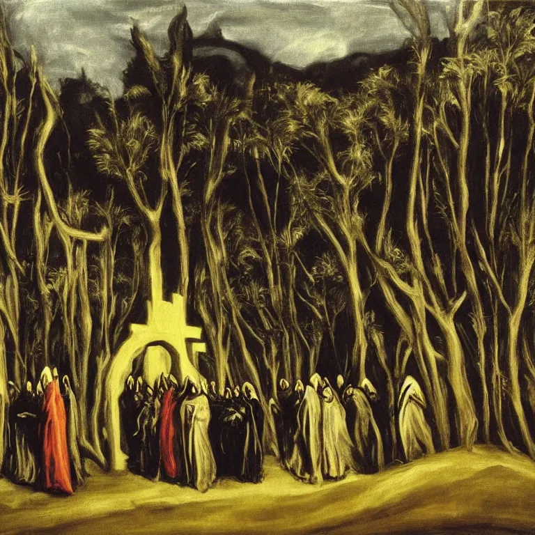 Prompt: A colour painting of a Holy Week procession of grim reapers in a lush Spanish landscape at night. A hooded figure at the front holds a cross. El Greco, Carl Gustav Carus, Edward Hopper.