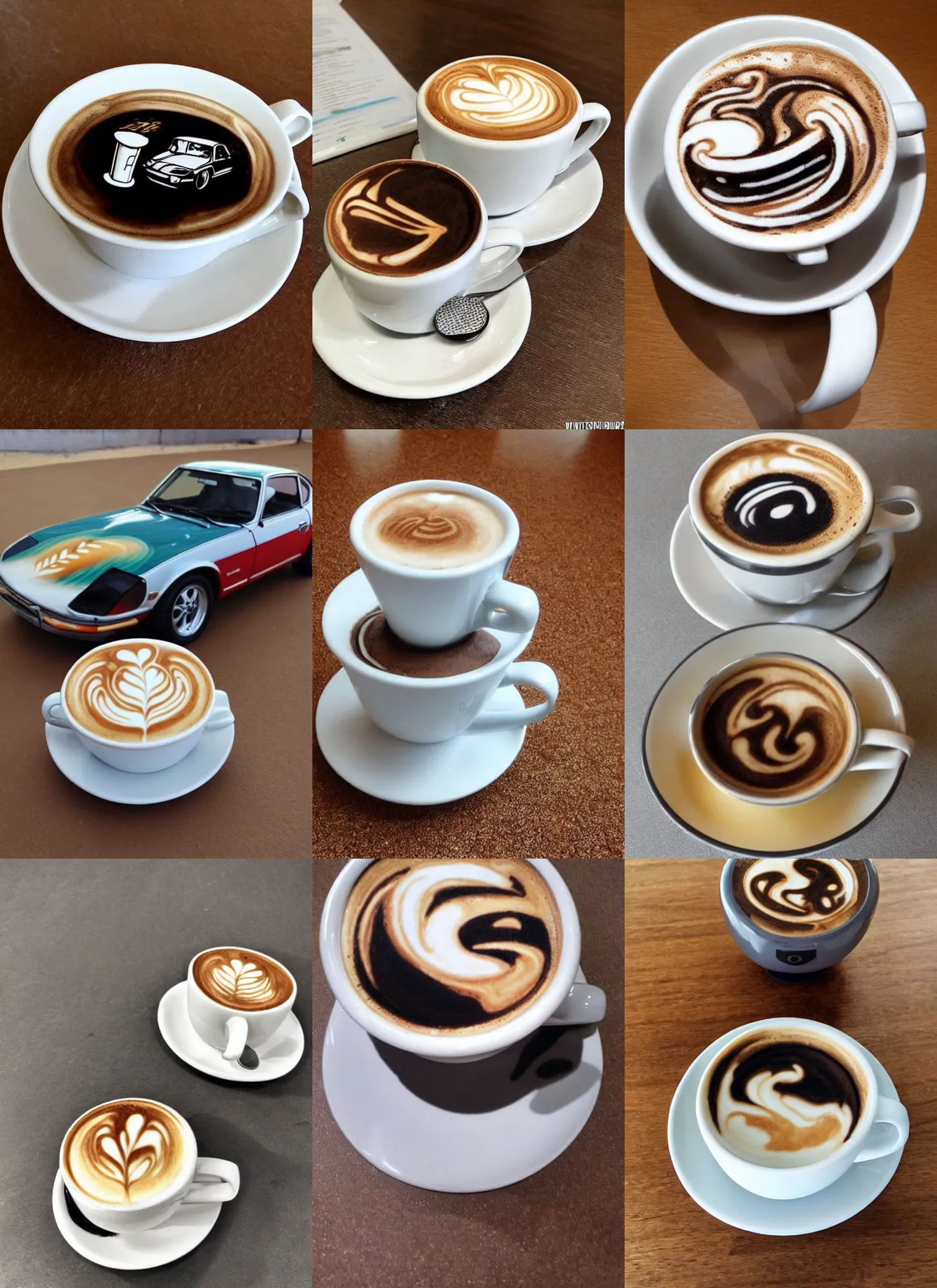 Prompt: a datsun 2 4 0 z in the art style of a latte, cappuccino froth coffee art in a white cup