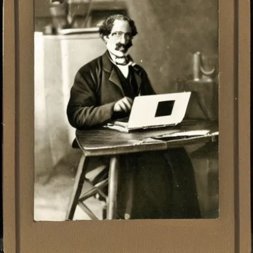 Image similar to old polaroid depicting a scientist from the 1 9 th century working at a modern day laptop