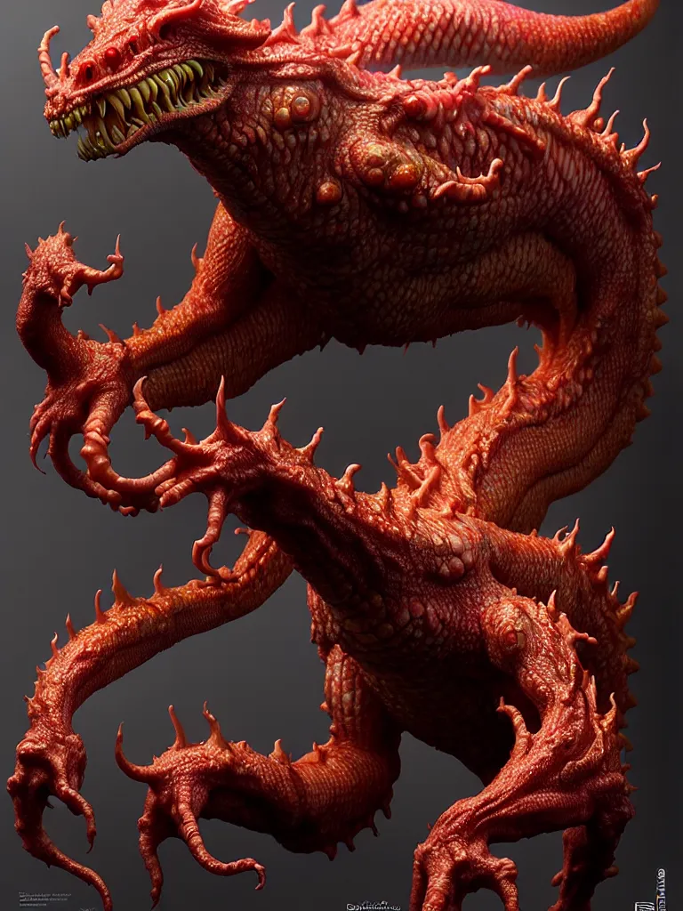 Prompt: hyperrealistic rendering, fat smooth cronenberg flesh monster dragon by donato giancola and greg rutkowski and wayne barlow and zdzisław beksinski, eyeballs, product photography, action figure, sofubi, studio lighting, colored gels, colored background