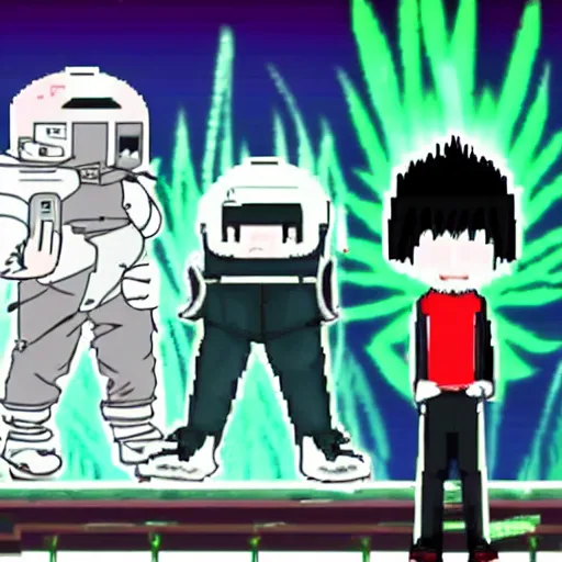 Image similar to Jetstream Sam in the video game Omori, standing next to Omori, style of Omori