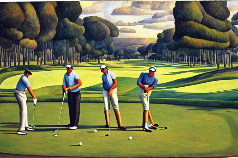 Image similar to Three golfers on a beautiful golf course driving range, by Diego Rivera