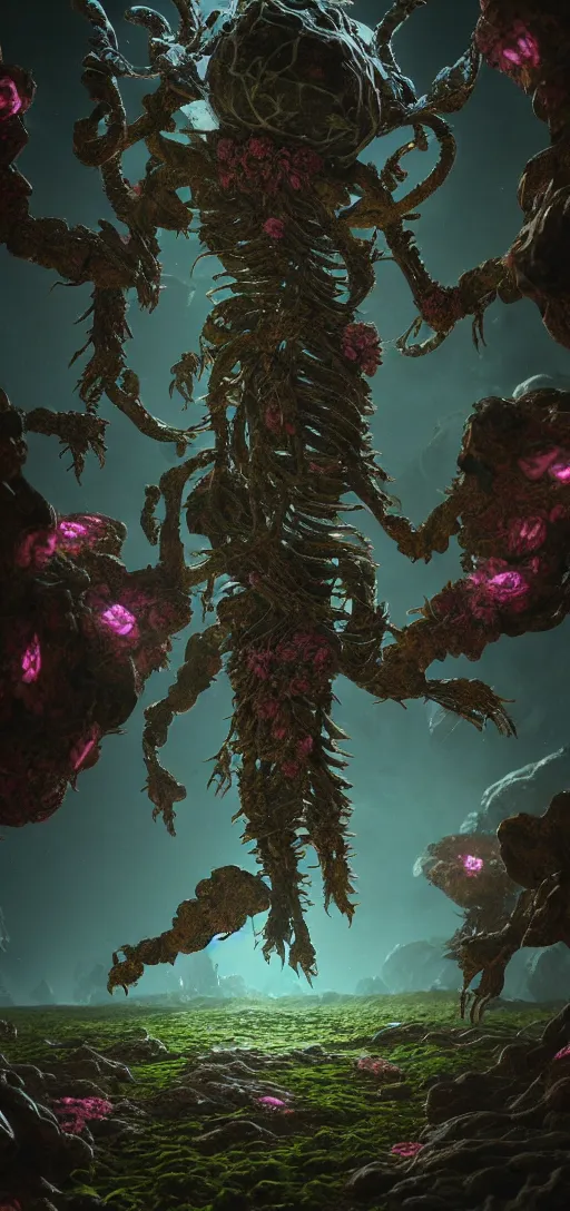 Image similar to mythical ancient life, visceral exoskeletal formations surrounding of aliens flowers and plants, concept art, dramatic contrast photorealistic lighting, surreal, hyper detailed, cycles 3 d render, 8 k