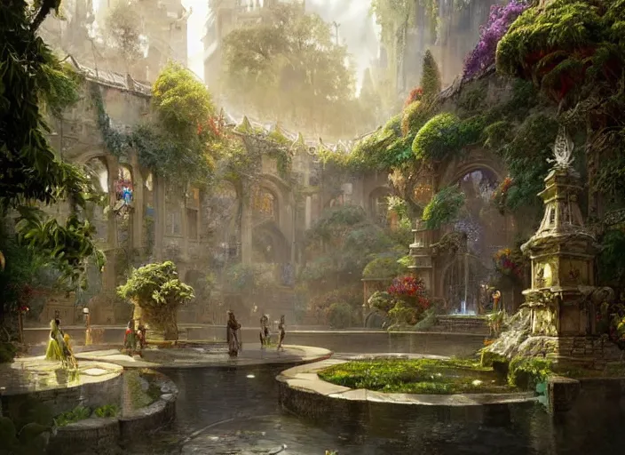 Prompt: a wide open courtyard in a beautiful elven city made of ivory and silver, vivid colors, lush trees, flowers, ponds, fountain, subsurface scattering, volumetric lighting, concept art, fantasy digital painting by James Gurney, by Greg Rutkowski, trending on Artstation, highly detailed