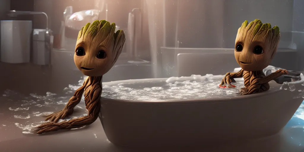 Image similar to Baby Groot sitting in a tub taking a bubble bath, hyperdetailed, artstation, cgsociety, 8k