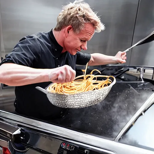 Prompt: <photo hd>Gordon Ramsey cooking spaghetti on the hood of his car</photo>