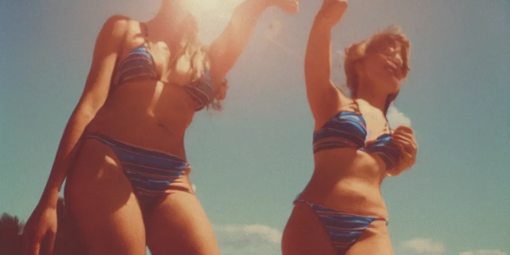 Prompt: weathered old analog polaroid portrait photograph of a beautiful young woman wearing a vintage striped bikini, summer, azure sky, big clouds visible, lensflare, sunlight, glare, depth of field, bokeh, filmgrain, red color bleed