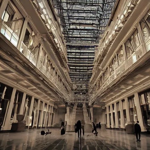 Prompt: mysterious photograph of people levitating in a large atrium