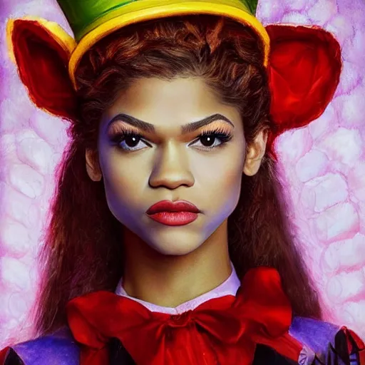 Prompt: zendaya as Alice in wonderland, oil painting, high detail, angelic, flawless face,