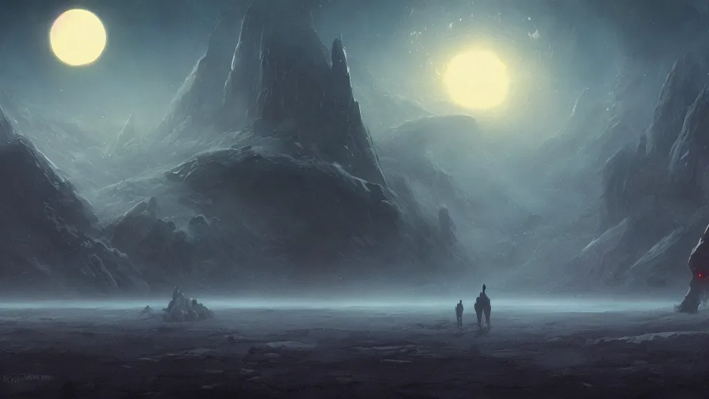 Image similar to eerie atmospheric alien planet by les edwards and vincent di fate and anato finnstark, epic cinematic matte painting