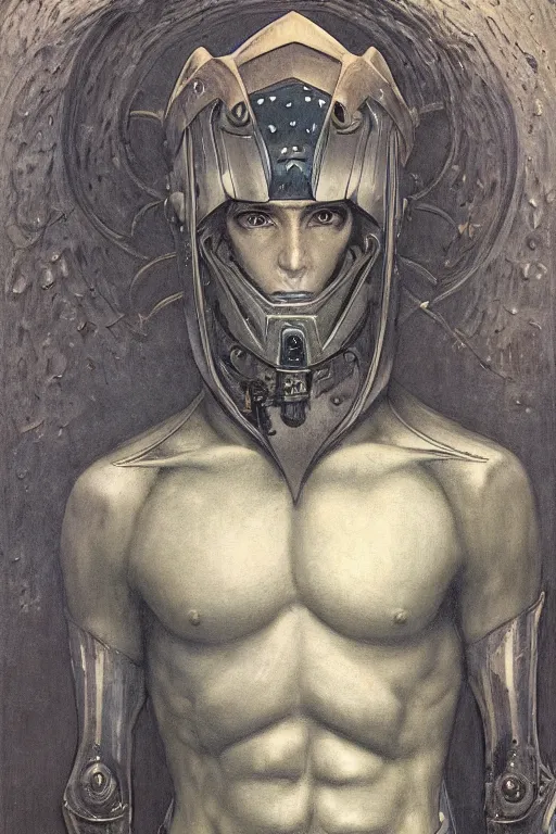 Image similar to portrait of beautiful gothic and futuristic young man, warhammer, cyber armor, a lot of more and more scars, thunderstorm and fire, blue head, the middle ages, highly detailed, artstation, illustration, more and more composision, 8 k quality, art by jean delville, alfred kubin